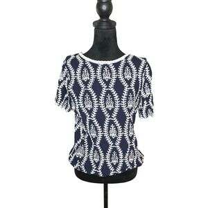 Solitaire Anthropologie Embroidered Short Sleeve Blouse Womens Navy White Large
